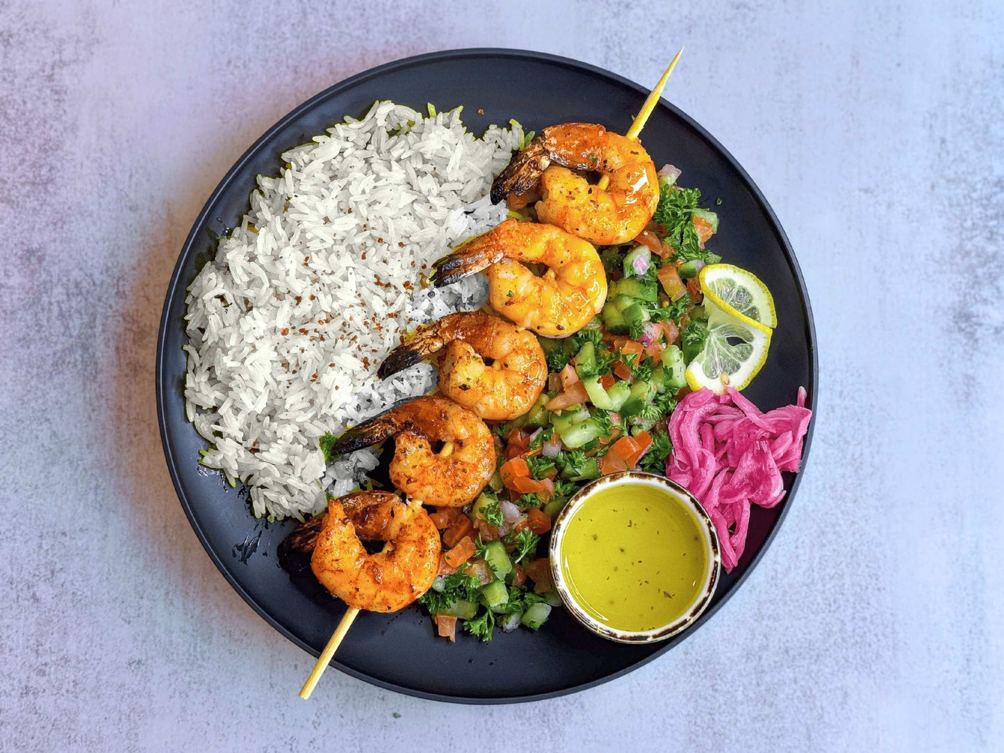 Mediterranean Shrimp • White Rice • Persian Salad