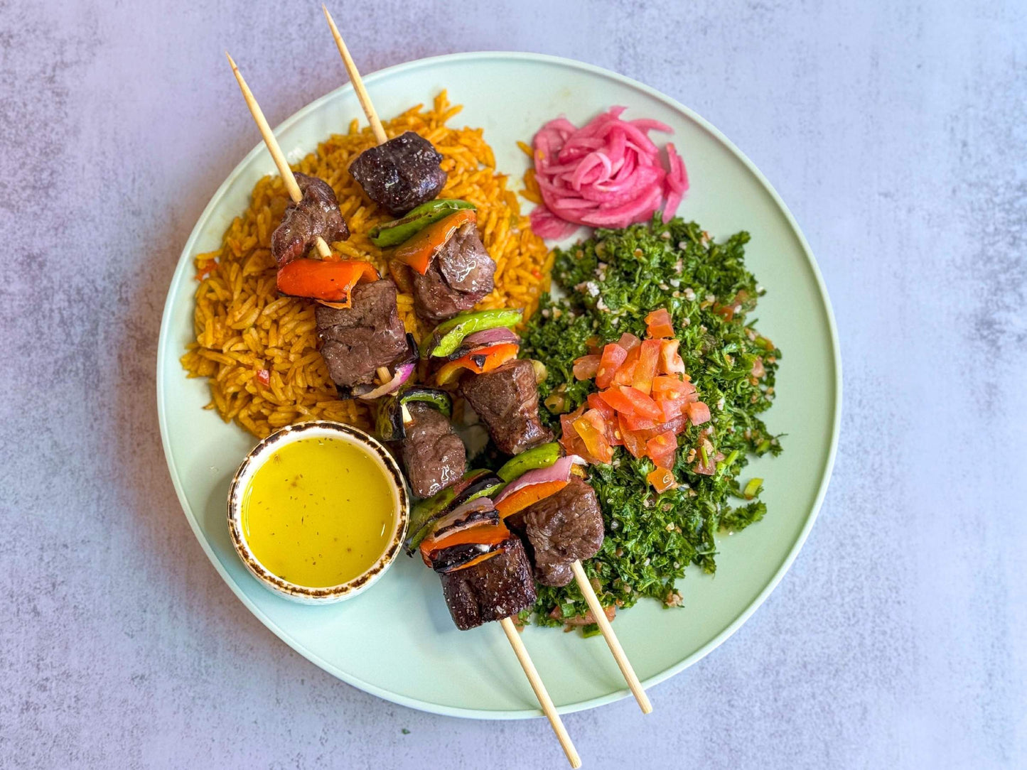 Steak Kabob (Ribeye) • Kabseh Rice • Kale Tabouli